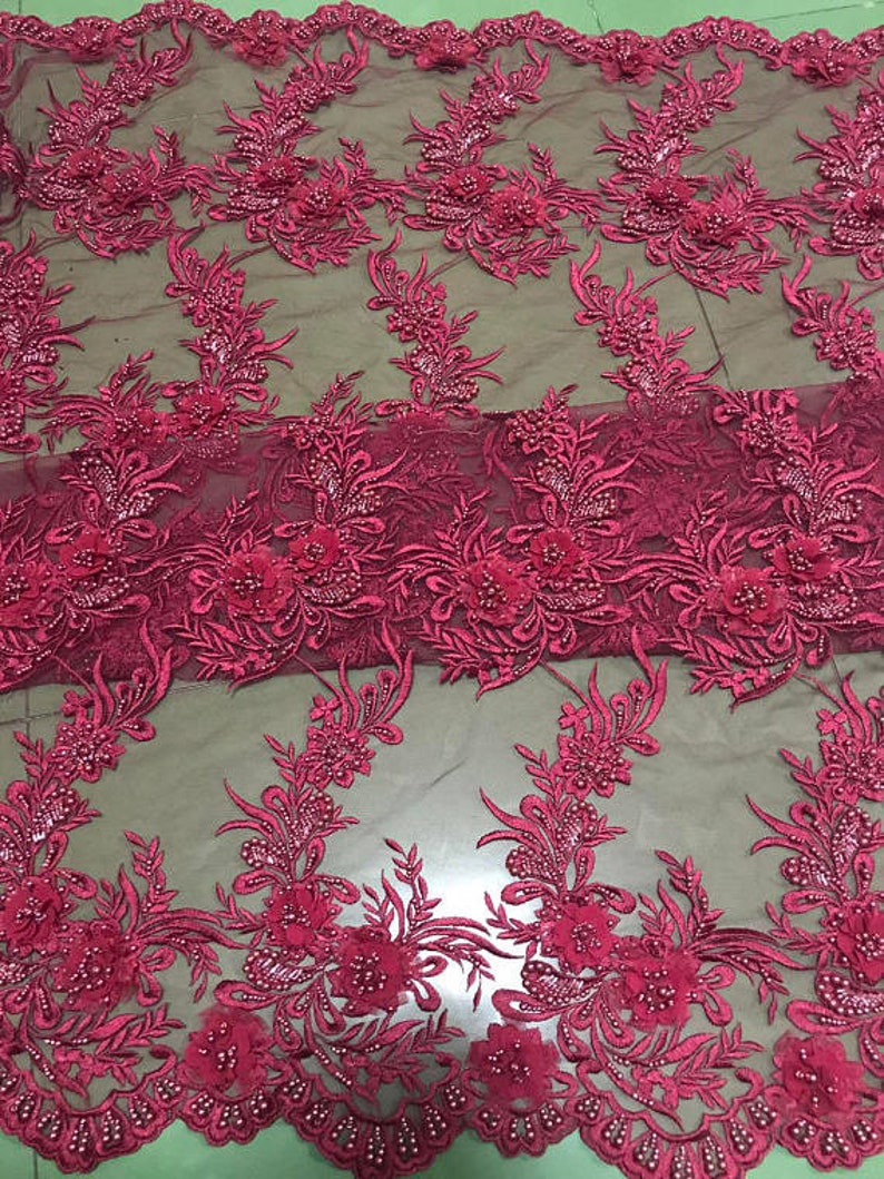 Wine Red 3d Lace Fabric With 3d Flowers 3d Heavy Embroidered | Etsy