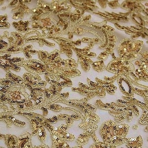 gold sequined lace fabric with florals embroideries, gold lace fabric