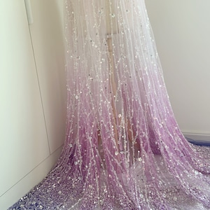 Ombre Purple bead tulle fabric by the yard for dress, heavy bead tulle lace fabric
