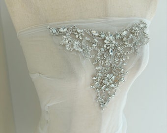 Applique décolleté en strass argenté pour robe, coeur en strass pour robe de mariée, fournitures de mariée artisanales