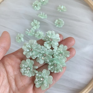 5pcs light green handcrafted flowers applique, handmade flowers with beads, organza flowers applique