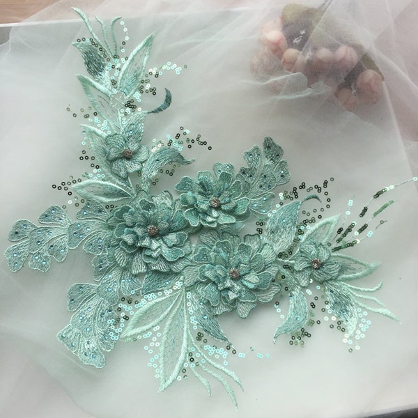 Applique de dentelle à motif de fleur de soie vert menthe 3d, applique en dentelle de perles lourdes, applique en dentelle 3D avec strass, 3D florale, application de fleurs 3D