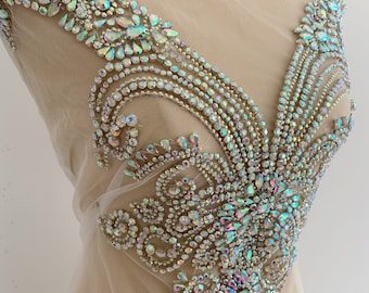 Iridescent Rhinestone applique with sweetheart neckline for corset, costume, crystal applique, crystal appliqué , haute couture supplie