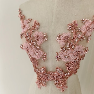 pink Rhinestone bead applique with florals , heavy handmade rhinestone applique for couture, bridal dress, costume