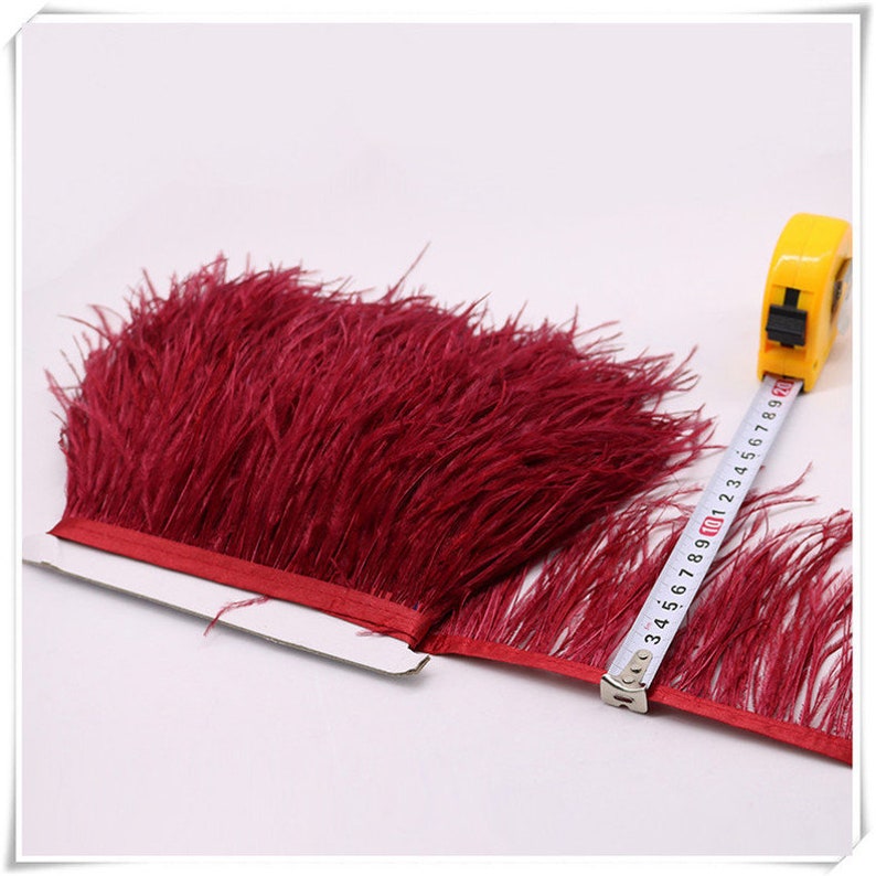 May include: A close-up of a burgundy ostrich feather trim with a measuring tape showing 10 inches. The trim is approximately 1 inch wide and has a soft, fluffy texture.