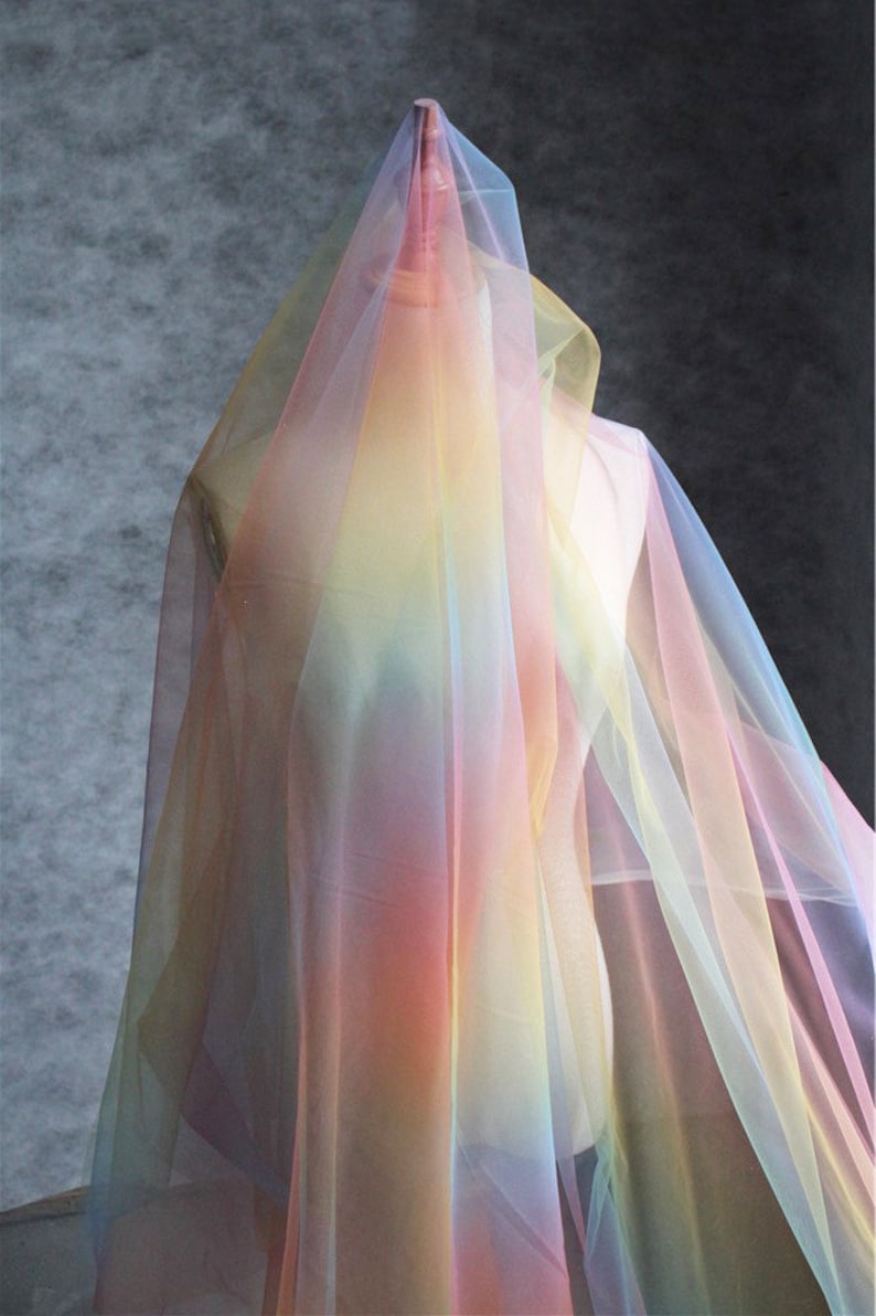 bridal tulle lace fabric rainbow color mesh lace fabric Tie dyed tulle fabric with Gradient colors