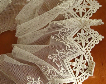 ivory lace trim , cotton embroidered mesh lace with scalloped borders, tulle lace trim