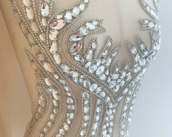 rhinestone bodice applique, sparkle crystal appliqué, handcrafted crystal appliqué for rhinestone dress, couture