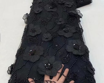 Black Heavy bead lace fabric with 3d flowers