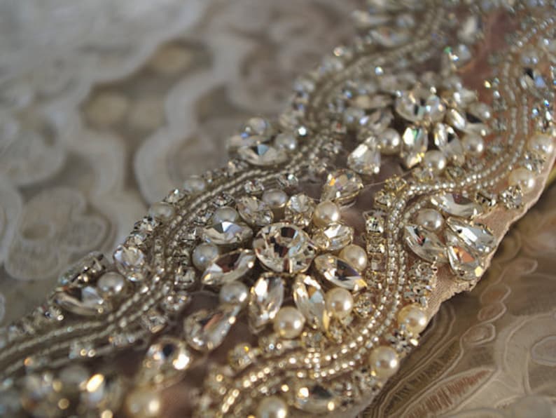 Rhinestone And Pearl Bead Trim Bridal Belt Image 0
