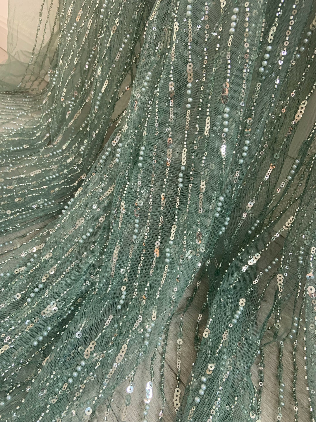 Dark Green Beaded Lace Fabric by the Yard for Bridal Dress, Heavy Bead ...