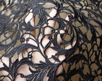 Black Lace Fabric, venise lace fabric, retro floral lace fabric, black guipure lace fabric by the yard