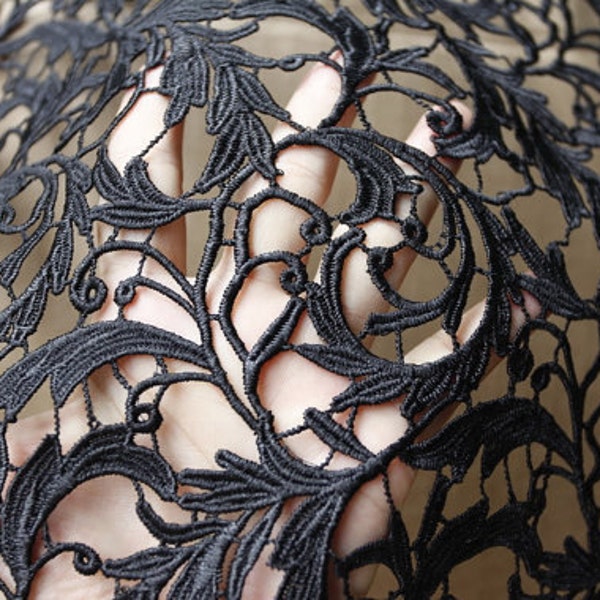 Black Lace Fabric, venise lace fabric, retro floral lace fabric, black guipure lace fabric by the yard