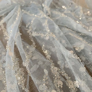 Light baby blue sequined tulle lace fabric by the yard for dress, heavy bead tulle lace fabric