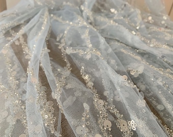 Light baby blue sequined tulle lace fabric by the yard for dress, heavy bead tulle lace fabric