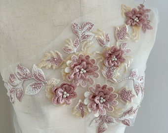 Applique 3D en dentelle motif fleur en soie, applique dentelle perlée lourde, applique dentelle 3D avec strass, floral 3D, applique fleur 3D