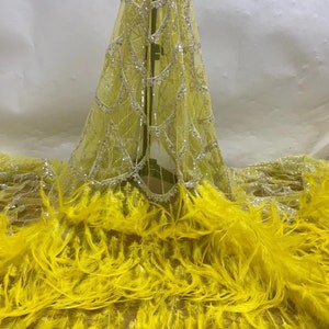 off white sequined lace fabric with Ostrich feather, bead lace fabric with sequin for mermaid dress, costume dress Yellow
