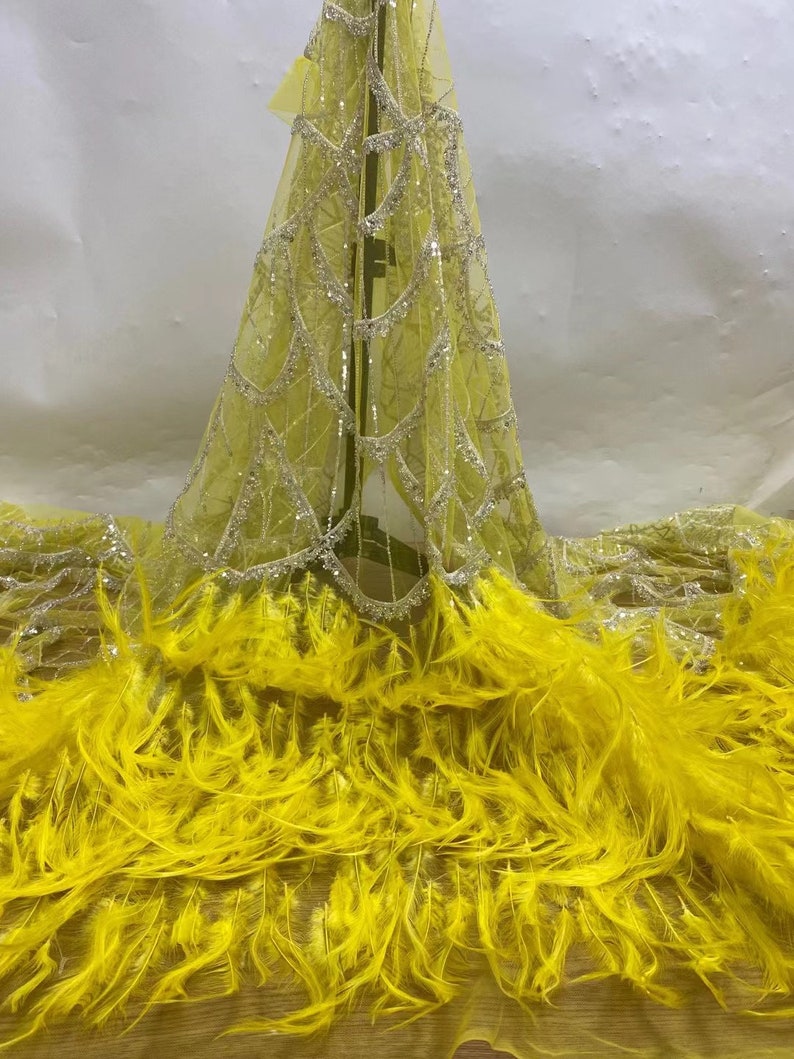 off white sequined lace fabric with Ostrich feather, bead lace fabric with sequin for mermaid dress, costume dress Yellow