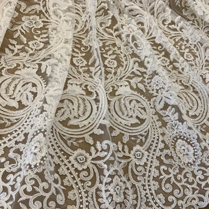 ivory alencon lace fabric with retro floral, cord lace fabric, bridal lace fabric