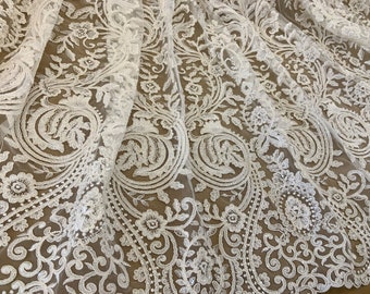 ivory alencon lace fabric with retro floral, cord lace fabric, bridal lace fabric