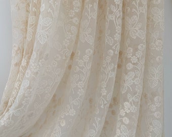 Ivory beige Embroidered mesh lace fabric by the yard