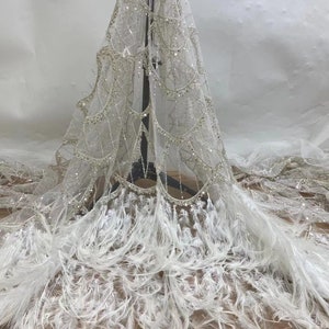 off white bead tulle fabric with Ostrich feather, bead lace fabric with sequins for mermaid dress, costume dress