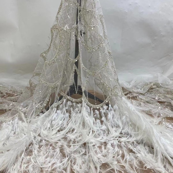 off white sequined lace fabric with Ostrich feather, bead lace fabric with sequin for mermaid dress, costume dress
