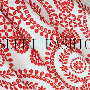 cotton lace fabric, eyelet lace fabric, red embroidered cotton lace fabric, heavy embroidered lace fabric with retro florals, vintage style