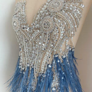 rhinestone appliqué with ostrich feathers , crystal appliqué, handcrafted crystal appliqué for rhinestone dress, couture