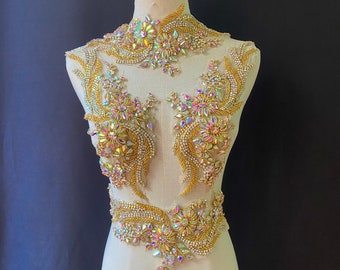 Gold ab rhinestone applique for corset, bodice applique, dance costume