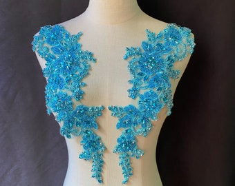 Blue handmade rhinestone applique for bridal dress, dance costume, couture altering supplies