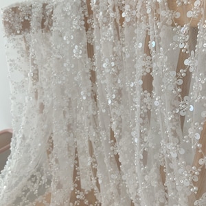 French sequined and bead lace fabric by the yard for bridal dress, heavy bead tulle lace fabric