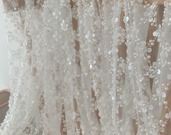 French sequined and bead lace fabric by the yard for bridal dress, heavy bead tulle lace fabric