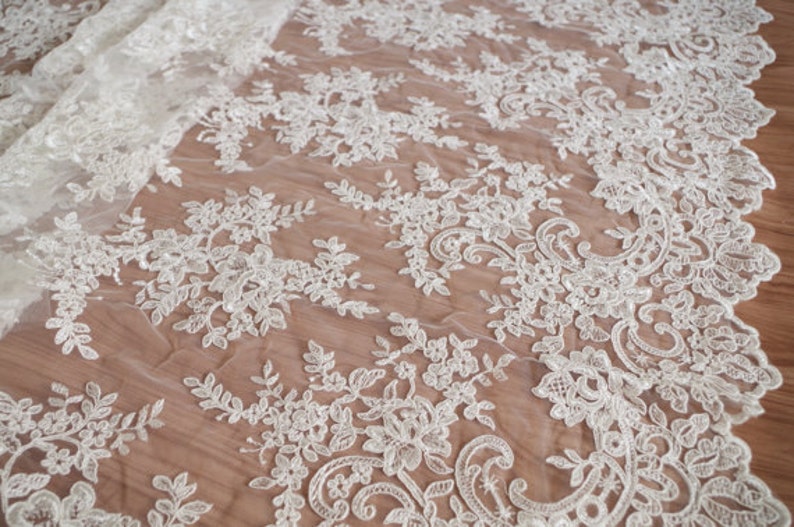 May include: White lace fabric with a delicate floral pattern. The lace is made of a sheer mesh with intricate embroidery.