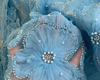 Blue bead tulle lace fabric with 3d flowers