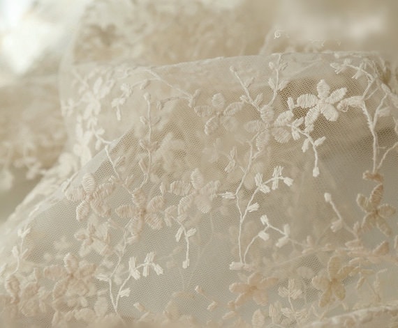 Ivory Ivory Lace Fabric, Cotton Embroidered Lace, Tulle Lace
