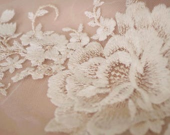 delicate embroidered lace applique, peony flowers bodice for bridal dress, cotton lace applique for couture