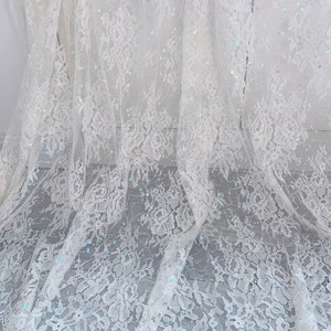 Off white Chantilly lace fabric with shiny sequins, sequined chantilly lace,wedding lace fabric with scalloped borders