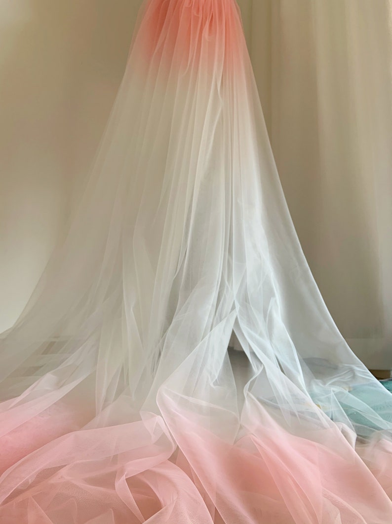 Dip dye style tulle fabric with Ombré colors, peach pink to white gradient color image 9