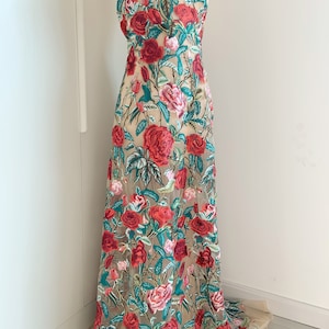 Colorful embroidered tulle lace fabric with red rose, skin tone tulle fabric with flowers embroidery