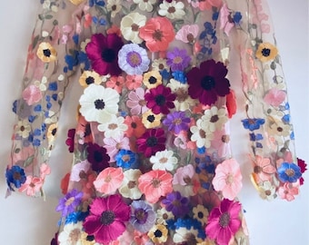 Colorful embroidered tulle lace fabric with 3d flowers