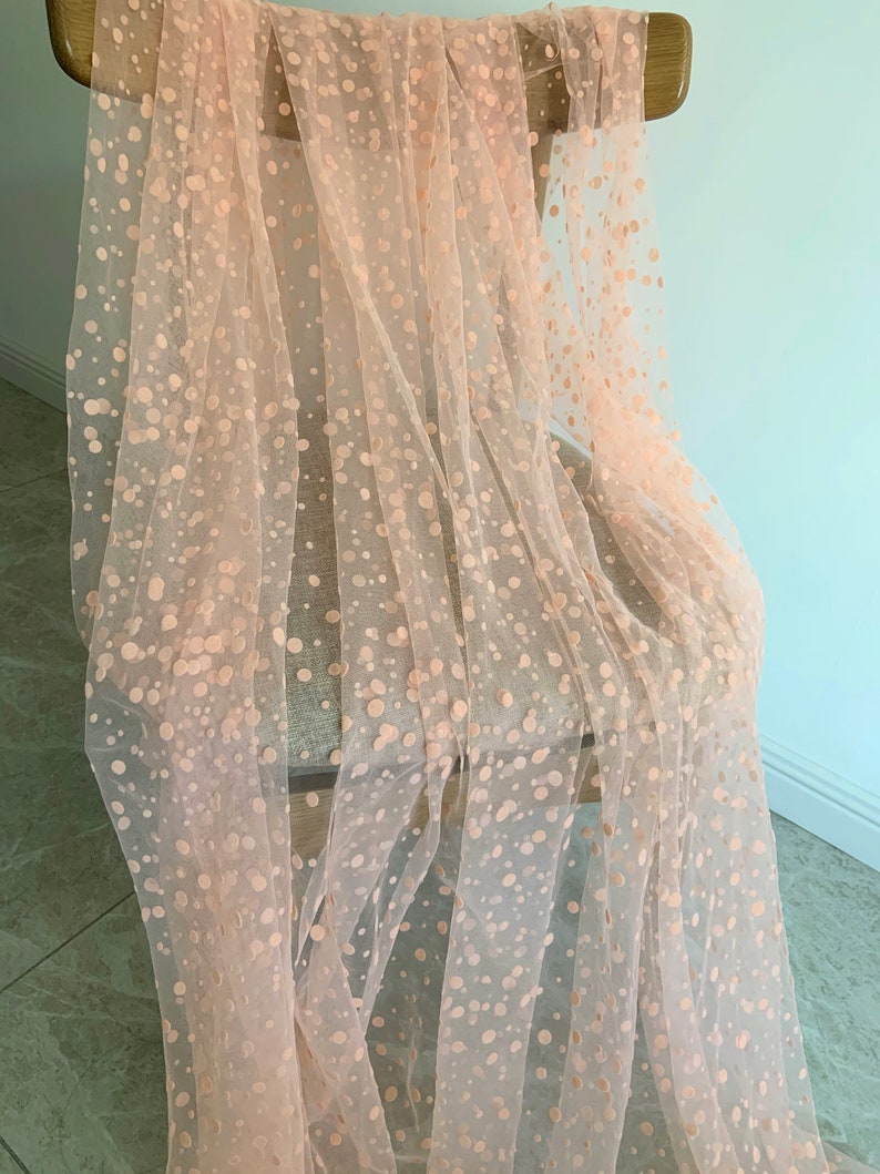 Peach pink polka dotted tulle fabric image 4