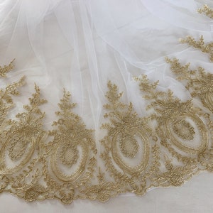 gold lace trim, gold alencon lace trim, gold scalloped lace in gold, gold cord lace by the yard for bridal veil