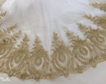 gold lace trim, gold alencon lace trim, gold scalloped lace in gold, gold cord lace by the yard for bridal veil