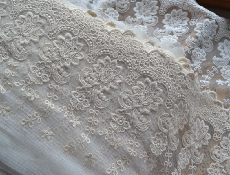 Off White Luxury Cotton Embroidered Wedding Lace Trim Roses Wedding Dress Bridal Dress Bra Lace Trim Mesh Supplies 2 yards image 3