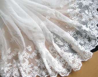 off white lace trim , antique style lace trim , cotton embroidered gauze mesh lace with scalloped edge