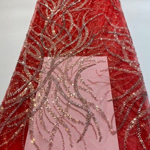 2022 new arrival red bead lace fabric by the yard for bridal dress, heavy bead tulle lace fabric for couture