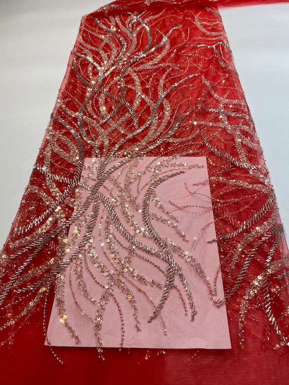 2022 New Arrival Red Bead Lace Fabric by the Yard for Bridal Dress, Heavy  Bead Tulle Lace Fabric for Couture - Etsy Israel