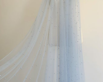 3yards pale blue tulle fabric with pearls for dress and veil