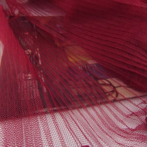 wine red tulle accordion pleated fabric, mesh accordion pleats fabric, Pleated mesh Panel fabric, ruffled tulle fabric,Vertical crease
